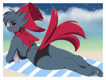 3_fingers 4_toes :3 anthro anthrofied arm_tuft athletic athletic_anthro athletic_female bangs barefoot beach_towel bedroom_eyes bikini biped black_bikini black_clothing black_eyebrows black_nose black_swimwear blush border breasts butt cheek_tuft claws closed_smile clothed clothing cloud crossed_arms crossed_feet cute_fangs dark_eyelids detailed_background ear_piercing ear_ring elbow_tuft extended_legs eyebrow_through_hair eyebrows eyelashes facial_tuft fangs feet feet_together female female_anthro finger_claws fingers forehead_gem freckled_face freckles fur gem hair half-closed_eyes happy head_tuft humanoid_feet inner_ear_fluff jewelry knee_tuft leg_tuft looking_aside looking_at_viewer looking_back looking_back_at_viewer lying medium_breasts midriff mouth_closed narrowed_eyes neck_tuft notched_ear on_front on_ground on_towel outside outside_border piercing plantigrade pokemorph pose raised_tail rear_view red_eyes red_hair red_tail relaxing ring_piercing seductive shoulder_tuft side_boob side_view sky smile smiling_at_viewer snaggle_tooth soles solo sparkles swimwear tail tail_tuft teeth thick_eyelashes toe_claws toes towel translucent translucent_hair tuft two-piece_swimsuit under_boob white_border white_claws conditional_dnp meggchan nintendo pokemon fan_character fang_the_weavile generation_4_pokemon mammal pokemon_(species) weavile 2025 4:3 absurd_res digital_drawing_(artwork) digital_media_(artwork) hi_res pinup signature