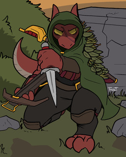 ambiguous_gender camo cloak clothed clothing crossbow dagger melee_weapon outside ranged_weapon scar solo sword weapon yellow_eyes trout_(artist) kobold scalie 2019 4:5 aliasing digital_media_(artwork) hi_res signature