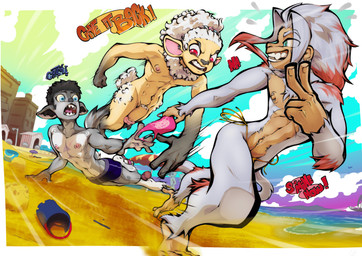 abs albino angry annoyed anthro athletic athletic_anthro athletic_male beach black_hair clothing clothing_theft dialogue erection exposed facial_hair forced forced_exposure forced_undressing fur genitals goatee grey_body grey_fur group hair half-closed_eyes highlights_(coloring) humanoid_genitalia humanoid_penis male multicolored_body multicolored_fur muscle_tone narrowed_eyes nude pecs penis public public_nudity red_highlights sharp_teeth side-tie_swimwear smile smirk smug smug_face smug_grin speech_bubble stealing swimming_trunks swimwear swimwear_theft tan_body tan_skin teeth text thong trio two_tone_body two_tone_fur underwear undressing white_hair wide_eyed wool_(fur) yellow_body yellow_fur vonboche ravana_(varuna) roussel shippun bovid canid canine canis caprine haplorhine mammal monkey primate sheep wolf absurd_res english_text hi_res