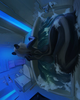 anthro bathroom bathtub detailed_background female female_anthro fur hair inside nude nude_anthro nude_female solo tail toilet water white_hair swiwwel mammal mephitid skunk 2025 absurd_res digital_media_(artwork) hi_res