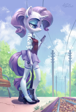 anthro bench blue_eyeshadow clothed clothing cloud eyeshadow female footwear group hair half-closed_eyes high_heels holding_object horn legwear makeup narrowed_eyes outside shoes solo standing thigh_highs train_station holivi friendship_is_magic hasbro my_little_pony mythology rarity_(mlp) equid equine mammal mythological_creature mythological_equine unicorn 2018 absurd_res hi_res