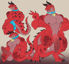 3_toes 4_fingers abs anthro back_spikes ball_bulge balls barazoku biceps big_balls big_muscles big_pecs big_penis black_claws blue_clothing blue_collar blue_underwear claws clothing collar collar_only collar_tag erection fangs feet fingers flaccid front_view genitals gradient_background heart_tag horn huge_balls huge_pecs huge_penis kneeling looking_at_viewer male markings mouth_closed multicolored_body multicolored_tail multiple_poses muscular muscular_arms muscular_legs muscular_thighs navel neck_spikes nude nude_anthro nude_male open_mouth pecs penis pose rear_view red_body red_penis red_scales scales simple_background solo spiked_tail spikes spikes_(anatomy) standing tail teeth toe_claws toes triceps two_tone_tail underwear yellow_eyes yellow_sclera daikuhiroshiama marvel marvel_rivals moon_girl_and_devil_dinosaur devil_dinosaur_(moon_girl_and_devil_dinosaur) dinosaur prehistoric_species reptile saurischian scalie theropod tyrannosaurid tyrannosauroid tyrannosaurus tyrannosaurus_rex 2026 digital_drawing_(artwork) digital_media_(artwork) hi_res watermark