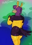 anthro beak big_butt bunny_costume butt clothing costume eyewear glasses holidays latex latex_clothing looking_at_viewer looking_back male purple_body smile solo tail thick_thighs yellow_eyes virgobiologist easter virgo_(virgobiologist) avian bird colored digital_drawing_(artwork) digital_media_(artwork) hi_res shaded