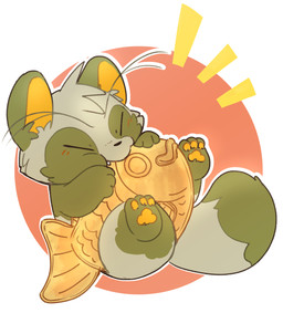 ambiguous_gender blush chibi cute_fangs eating eyes_closed fangs feral food fur green_body green_fur kemono paws simple_background solo teeth tooboe_huusuke canid canine mammal raccoon_dog tanuki 2020