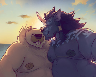 anthro anthro_on_anthro belly big_belly black_hair black_nipples black_nose blue_sky brown_nipples cheek_tuft chin_tuft cloud detailed_background duo eyes_closed facial_tuft fur gradient_sky grey_body grey_fur hair horn kissing male male/male moobs mouth_closed neck_tuft nipples nude obese obese_anthro obese_male orange_sky outside overweight overweight_anthro overweight_male sky sunset tan_body tan_fur teeth tuft water chocolateandmilk beaver mammal rodent species_request hi_res