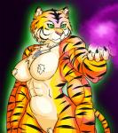 4_arms anthro black_stripes breasts claws dog_tags female fur green_eyes magic multi_arm multi_limb muscular muscular_anthro muscular_female naturally_censored nipple_tuft nude paws pink_nose simple_background solo stripes tuft yellow_body yellow_fur saina urielmanx7 dragonwrath skellos saina_heart felid mammal pantherine tiger werecreature werefelid werepantherine weretiger comic