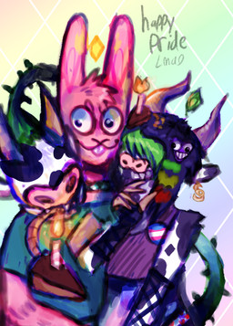 accessory alternative_fashion ambiguous_gender anthro black_hair black_spotted_fur cake candle candlestick clothing dessert duo ear_piercing ear_ring emo_haircut fire food food_on_tongue fur green_hair hair horn lgbt_pride living_tail male open_mouth piercing pin_accessory pin_button pink_body pink_fur plant plant_tail plumbob pride_color_flag pride_colors raccoon_tail_hair rainbow rainbow_background ring_piercing scene_haircut simple_background solo t4t tail text thorned_tail thorns tongue transgender_pride_colors unusual_anatomy unusual_tail white_body white_fur pinatareaper electronic_arts lgbt_pride_month maxis_(ea) the_sims bovid bovine cattle cowplant_(the_sims) freezer_bunny_(the_sims) hybrid lagomorph leporid mammal rabbit absurd_res digital_media_(artwork) hi_res trans_(lore)