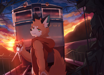 4_fingers amazing_background anthro biped black_nose clothed clothing clothing_cord cloud detailed_background drawstring drawstring_topwear eye_markings fingers fluffy fluffy_tail fully_clothed fur green_eyes head_tuft holding_object hoodie inner_ear_fluff kemono light locomotive looking_at_viewer markings mountain multicolored_body multicolored_fur orange_body orange_fur outside red_clothing red_hoodie red_topwear ruins scissors side_view sky sleeveless_clothing sleeveless_hoodie smile snout solo standing star starry_sky sunlight sunset tail topwear train tuft vehicle white_body white_fur white_inner_ear_fluff nekojita foxy_(nekojita) canid canine fox mammal 11:8 detailed hi_res