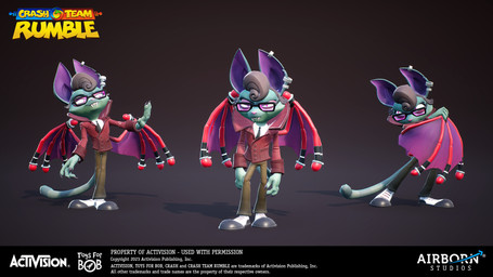 4_fingers anthro black_background black_bottomwear black_claws black_clothing black_eyewear black_glasses black_pants bottomwear brown_bottomwear brown_clothing brown_pants button_(fastener) claws clothed clothed_anthro clothed_male clothing curly_hair ear_piercing ear_ring eyelashes eyewear finger_claws fingers food footwear fruit fully_clothed fully_clothed_anthro fully_clothed_male fur glasses grey_hair hair holding_wing light logo long_tail male membrane_(anatomy) membranous_wings narrowed_eyes no_eyebrows notched_ear pants piercing pink_eyelids plant pockets purple_eyes purple_inner_ear purple_wings rectangular_glasses red_clothing red_suit ring_piercing sharp_teeth shoes short_hair simple_background solo squint standing suit tail teal_body teal_fur teal_tail teeth text title white_clothing white_dress_shirt white_footwear white_shoes wings wumpa_fruit year martin_elsaesser activision crash_bandicoot_(series) crash_team_rumble toys_for_bob catbat bat domestic_cat felid feline felis hybrid mammal 16:9 2024 3d_(artwork) 3d_model_showcase autodesk_maya_(artwork) blender_(artwork) colored digital_media_(artwork) english_description english_text hi_res lighting marmoset_toolbag_(artwork) multiple_images official_art shaded substance_painter_(artwork) unreal_engine_(artwork) widescreen zbrush_(artwork) nonbinary_(lore)