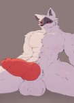 anthro balls blush erection fluffy fluffy_balls fur genitals grey_body grey_fur knot male muscular muscular_anthro muscular_male nipples nude pecs penis presenting presenting_penis red_eyes simple_background sitting solo k0_bemy dreamworks puss_in_boots_(franchise) death_(puss_in_boots) canid canine canis mammal wolf hi_res
