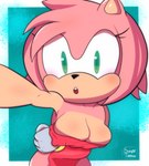 anthro big_breasts breast_rest breast_squish breasts clothed clothing covering covering_breasts eyelashes female gasp gloves green_eyes hair handwear jewelry looking_at_viewer open_mouth pink_hair selfie solo squish thick_thighs softtibbies sega sonic_the_hedgehog_(series) amy_rose eulipotyphlan hedgehog mammal absurd_res hi_res