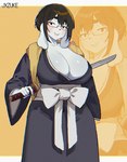 5_fingers anthro asian_clothing big_breasts biped black_clothing black_robe blowup_background blush bow_(feature) breasts circle_eyebrows clothing cosplay dark_hair eyebrows eyewear female fingers floppy_ears front_view fur glasses glistening glistening_hair hair holding_katana holding_melee_weapon holding_object holding_sword holding_weapon huge_breasts katana lips long_ears mature_anthro mature_female melee_weapon mouth_closed rectangular_glasses red_eyewear red_glasses robe simple_background smile solo standing sword text weapon wearing_glasses white_body white_ears white_face white_fur jxzuke bleach_(series) mochi_(jxzuke) rangiku_matsumoto rangiku_matsumoto_cosplay canid canine canis domestic_dog hunting_dog mammal mixed_breed scent_hound shiba_inu spitz 2024 artist_name chromatic_aberration digital_media_(artwork) halftone hi_res portrait three-quarter_portrait