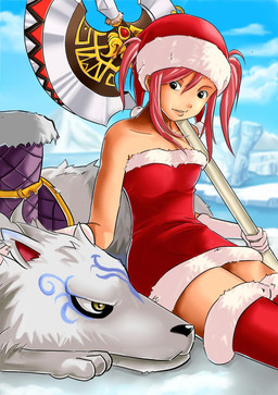 absolute_territory axe battle_axe black_nose christmas_clothing christmas_headwear clothing cloud double_bitted_axe dress duo fantasy_werapon female fur gem greataxe hair hat headgear headwear holidays ice markings melee_weapon mountain outside pink_hair ruby_(gem) santa_hat sky weapon white_body white_fur yellow_eyes mushimushi_(artist) christmas maplestory nexon canid canine canis human mammal wolf