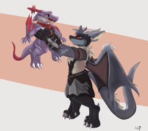anthro armor black_body black_scales blue_body blue_fur bottomwear claws clothed clothing dewclaw fur horn male male/male markings neck_tuft orange_eyes paws purple_body purple_scales red_markings scales shorts size_difference tail tail_spines tan_body tan_fur toe_claws tuft uppies white_body white_scales wings rdy zgf_art bandai_namco digimon mythology nintendo pokemon bryanthewolffe squirrel_(razim) digimon_(species) drackal dracomon dragon generation_4_pokemon hybrid lucario mythological_creature mythological_scalie pokemon_(species) scalie 2025 absurd_res hi_res