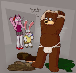 anthro balls belly big_balls big_belly big_penis bite biting_lip biting_own_lip blush bodily_fluids bottomwear bow_ribbon brown_body brown_fur bulge chest_tuft clothed clothing detailed_bulge erection female fluffy fluffy_tail footwear fur genital_outline genitals group humanoid_hands jacket jockstrap jockstrap_only male mary_janes moobs nipples nude overweight overweight_anthro overweight_male pants paws penis penis_outline pink_body pink_fur puffed_tail raised_arm self_bite shirt shoes shoes_removed shorts simple_background skirt steam steaming_body sweat tail text topless topwear trio tuft underwear underwear_only undressing undressing_self whiskers white_body white_fur vexedcalyx background_character bear felid feline lagomorph mammal 2025 character_request colored digital_drawing_(artwork) digital_media_(artwork) english_text hi_res