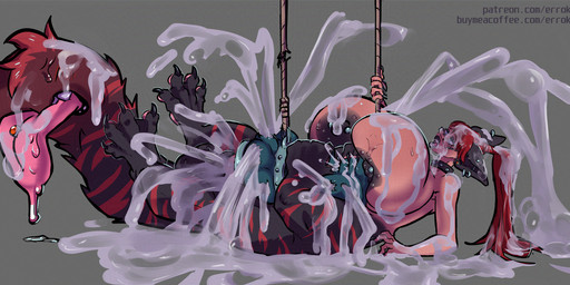 abstract_background animal_genitalia balls big_breasts black_nipples blue_eyes blush blush_lines bodily_fluids breasts breeding_mount canine_genitalia claws collar collar_only cum cum_drip cum_inside cum_on_body cum_on_breasts cum_on_face cum_on_ground cum_on_self cum_on_tail cum_on_tongue cumshot dripping ear_piercing ejaculation eyewear fur genital_fluids genitals glasses hair hug huge_breasts huge_cumshot hugging_object intersex intersex_taur lying multiple_piercings nipple_piercing nipples not_furry nude on_back open_mouth penetration piercing ponytail red_hair saliva saliva_on_tongue sheath solo_focus striped_body striped_fur stripes sweat sweaty_breasts tail tail_mouth taur_penetrating text tongue tongue_piercing unusual_anatomy unusual_tail errokioslem felid felid_taur feline feline_taur mammal mammal_taur taur hi_res url