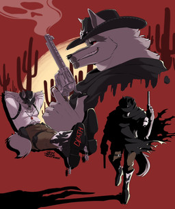 alternate_universe alternative_fashion anthro arm_belt arm_tuft bag belt boots bottomwear brooch cactus cheek_tuft claws cloak clothing cowboy cowboy_boots cowboy_hat cowboy_outfit crossed_legs dual_wielding elbow_tuft facial_markings facial_tuft fluffy fluffy_tail footwear fur fuzzy grey_body grey_fur grin gun half-closed_eyes handgun hands_behind_head hat head_markings headgear headwear holding_gun holding_object holding_ranged_weapon holding_weapon leaning leaning_backward leg_bag leg_pouch looking_at_viewer lying male markings mask_(marking) narrowed_eyes neck_tuft on_back pants pistol plant pointy_ears poncho prick_ears raised_arm ranged_weapon red_background red_eyes relaxing resting saguaro shirt shoes simple_background skull_accessory smile smirk smoke solo spurs standing tail teeth thigh_bag thigh_bags thigh_belt topwear torn_clothing tuft walking weapon white_clothing white_shirt white_topwear catclawcaramel dreamworks puss_in_boots_(franchise) death_(puss_in_boots) canid canine canis mammal wolf hi_res multiple_images shaded