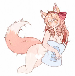 blush bow_ribbon breasts butt covering covering_breasts female fox_tail hair hug hugging_object hugging_pillow nude orange_eyes orange_hair pillow solo tail text tongue tongue_out chadolbaegi animal_humanoid cat_humanoid felid felid_humanoid feline feline_humanoid humanoid mammal mammal_humanoid censored hi_res
