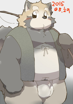 anthro asian_clothing belly big_belly blush bottomless clothed clothing east_asian_clothing fishing_rod fundoshi fur jacket japanese_clothing kemono male moobs overweight overweight_anthro overweight_male pubes simple_background solo topwear underwear kisukemk777 canid canine mammal raccoon_dog tanuki 2015 hi_res