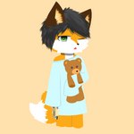 anthro black_hair clothing fur green_eyes gun hair holding_doll holding_gun holding_object holding_ranged_weapon holding_weapon male orange_body orange_fur pajamas plushie ranged_weapon solo teddy_bear weapon white_body white_fur young zafox_id zetsuya06 canid canine fox mammal 1:1 hi_res