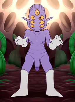 amber_sclera arms_bent bald balls barbel_(anatomy) blush blush_lines bodily_fluids boots cave cavern circumcised clothing detailed_background flaccid flesh_whiskers flying_sweatdrops footwear front_view genitals gloves handwear humanoid_genitalia humanoid_penis looking_at_viewer looking_forward male mostly_nude mostly_nude_male motion_lines motion_outline mouthless multi_eye nipples no_irises noseless not_furry penis pipe pupils purple_balls purple_body purple_nipples purple_penis purple_skin shaking shoes slit_pupils solo standing surprised sweat sweatdrop sweaty_face white_boots white_clothing white_footwear white_gloves white_handwear wide_eyed wide_stance felino daikaijuu_monogatari doctor_nova_(daikaijuu_monogatari) alien humanoid 2022 absurd_res digital_media_(artwork) full-length_portrait hi_res portrait