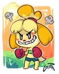 angry anthro bandeau blonde_hair blush blush_stickers boxing_gloves clothing dipstick_tail female floppy_ears fur hair handwear markings midriff multicolored_tail solo tail tail_markings teeth topwear gerph animal_crossing nintendo isabelle_(animal_crossing) canid canine canis domestic_dog mammal 2018 signature