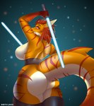 anthro big_breasts big_butt big_tail blue_lightsaber breasts butt clenched_teeth clothing female hair huge_breasts huge_tail jedi legwear lightsaber long_tail looking_at_viewer melee_weapon mostly_nude mostly_nude_anthro muscular non-mammal_breasts nude orange_body red_hair red_stripes simple_background space stripes tail teeth thick_thighs thigh_highs weapon white_body wide_hips yellow_eyes dirtyjace star_wars fish marine requiem_shark shark tiger_shark absurd_res digital_drawing_(artwork) digital_media_(artwork) hi_res