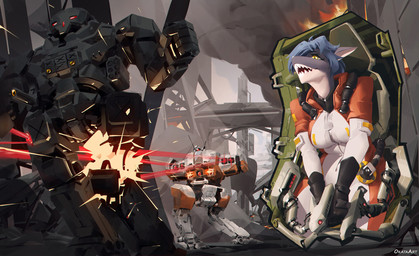 action_scene ambush anthro battle blue_hair breasts clothing cockpit countershading energy_weapon female fire grey_body gun hair jumpsuit laser_gun machine machine_gun medium_breasts non-mammal_breasts orange_clothing ranged_weapon ruins sneak_attack solo weapon yellow_eyes okata battletech mechwarrior sabrina_walker_(spyglass8) aquatic fish shark hi_res