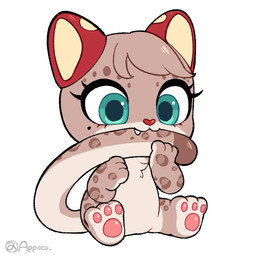 anthro belly biped bite chest_tuft chibi closed_smile eyelashes fangs female fur green_eyes grey_hair grey_text hair long_eyelashes long_tail markings mole_(marking) mole_under_eye mouth_closed pawpads paws pink_pawpads red_ears red_nose simple_background sitting smile solo spots spotted_body spotted_fur spotted_markings tail tail_bite tail_in_mouth tan_inner_ear teeth tuft white_background white_belly young young_female appoco pomchet_(appoco) felid mammal pantherine snow_leopard 1:1 2026 colored digital_drawing_(artwork) digital_media_(artwork) hi_res signature