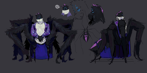 7_eyes 8_legs ambiguous_gender black_body blue_eyes clothed clothing emoticon grey_background half-closed_eyes jacket mandibles multi_eye multi_leg multi_limb narrowed_eyes purple_body simple_background solo speech_bubble sweater topwear turtleneck kogito tarantula_(kogito) arachnid arachnid_taur arthropod arthropod_taur spider spider_taur taur hi_res