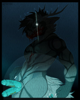 anthro blackice blood bodily_fluids frenum_ladder frenum_piercing genital_piercing genitals gore hunter ladder_piercing male penis penis_piercing piercing solo vitofox cryptid