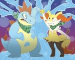 anthro duo emblem male scarf standing tree_of_life glassesgator nintendo pokemon pokemon_mystery_dungeon spike_chunsoft braixen croconaw generation_2_pokemon generation_6_pokemon pokemon_(species) team_(disambiguation) hi_res