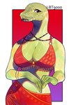 anthro blep bra breasts cleavage clothed clothing female forked_tongue green_body jewelry necklace non-mammal_breasts solo tongue tongue_out underwear lbt9000 reptile scalie snake hi_res