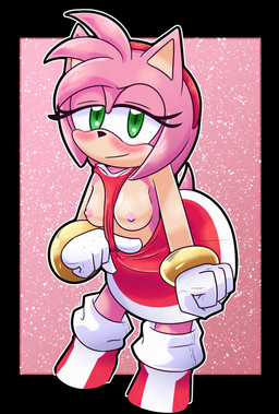 accessory anthro areola bangle blush blush_lines breasts clothing clothing_aside countershade_arms countershade_torso countershading dress dress_aside female glistening glistening_body glistening_skin gloves green_eyes hair handwear head_tuft headband jewelry medium_breasts nipples pink_areola pink_body pink_nipples pointy_ears short_hair smile smiling_at_viewer tail tuft thensfwbook sega sonic_the_hedgehog_(series) amy_rose eulipotyphlan hedgehog mammal 2025 hi_res