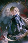 blonde_hair broken_mirror clothing detailed_background formal_clothing glass hair humanoid_pointy_ears jacket long_hair male mirror necktie pointy_ears ponytail smile solo topwear duetrofl mihoyo zenless_zone_zero hugo_vlad humanoid hi_res