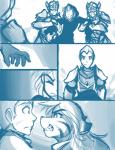 2015 anthro armor blue_and_white cloak clothed clothing comic conditional_dnp felid female flora_(twokinds) fur group hair human keidran keiren_(twokinds) male mammal monochrome outside pantherine simple_background sketch tiger tom_fischbach trace_legacy twokinds white_background