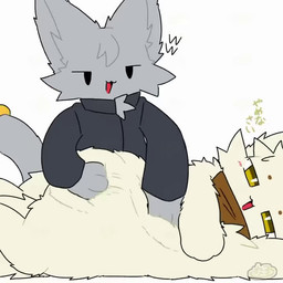 anthro belly_rub black_clothing black_shirt black_topwear brown_scarf clothing duo fur grey_body grey_fur hand_on_belly male overweight overweight_male scarf shirt tan_body tan_fur topwear yellow_eyes tontaro naa-kun_(tontaro) domestic_cat felid feline felis mammal 1:1 2025 animated no_sound short_playtime video