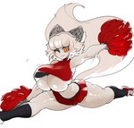 anthro big_breasts blush blush_lines breasts cheerleader cheerleader_outfit cleavage cleavage_overflow clothed clothing crop_top female flexible fur hair huge_breasts huge_thighs looking_at_viewer midriff one_eye_closed orange_eyes shirt simple_background smile solo splits spread_legs spreading thick_thighs topwear under_boob white_body white_fur white_hair wink cibastion catmaid_(cibastion) domestic_cat felid feline felis mammal hi_res