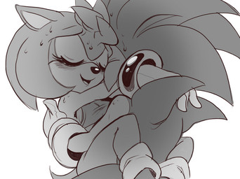 anthro black_nose blush bodily_fluids bottomless bracelet clothed clothed_sex clothing duo eyes_closed female from_front_position gloves handwear hug jewelry looking_pleasured male male/female mastery_position open_mouth open_smile sex simple_background sitting smile straddling sweat white_background shira-hedgie sega sonic_the_hedgehog_(series) amy_rose sonic_the_hedgehog eulipotyphlan hedgehog mammal greyscale monochrome