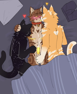 4_fingers ambiguous_gender animal_genitalia anthro arm_tuft bed bird's-eye_view black_body black_fur blush blush_lines blushing_profusely bodily_fluids boxers_(clothing) breastfeeding brown_body brown_fur brown_heart brown_striped_fur cheek_tuft clothing collar collar_tag cuddling cum cum_from_kissing cum_on_belly cum_on_body cum_on_chest cum_on_own_belly cum_on_own_chest cum_on_own_penis cum_on_penis cum_on_self dark_stripes detailed_background dripping_heart ear_tuft elbow_tuft facial_tuft facing_away_from_viewer facing_partner fingerless_(marking) fingers fur furniture genital_fluids genitals gloves_(marking) glowing glowing_blush glowing_eyes glowing_genitalia glowing_heart glowing_nipples glowing_penis glowing_scar glowing_tongue group group_sex half-closed_eyes hand_on_another's_balls hand_on_another's_head hand_on_balls hand_on_head heart_(marking) heart_collar_tag heart_symbol hearts_around_head high-angle_view humanoid_penetrated inner_ear_fluff kissing lactating licking lying making_out male male/ambiguous male/male male_lactation markings mastectomy_scar milk_on_tongue narrowed_eyes neck_tuft nipple_fetish nipple_lick nipple_orgasm nipple_play nipples on_back orange_body orange_fur orange_heart outline penetration penis pillow pink_blush pink_heart red_collar red_heart scar sex sheath shoulder_tuft sleepover starry_fur striped_blanket striped_body striped_fur stripes tail tan_markings tan_underbelly threesome tongue trio tuft under_blanket underwear white_gloves_(marking) white_heart white_markings white_outline white_stripes white_tail yellow_eyes yellow_nipples yellow_penis yellow_scar yellow_tongue nihyl apawllo_(nihyl) aro_(nihyl) kyun_(nihyl) domestic_cat felid feline felis humanoid lynx mammal 2025 hi_res brother_(lore) brothers_(lore) incest_(lore) sibling_(lore) trans_(lore) trans_man_(lore)