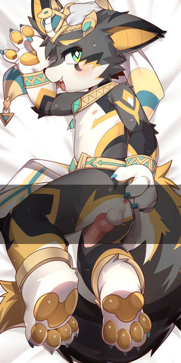 animal_genitalia animal_penis anthro anus balls bed canine_genitalia canine_penis censor_bar claws clothing countershading egyptian egyptian_clothing egyptian_headdress fangs furniture genitals green_eyes hand_pawpads kemono looking_at_viewer lying male nipples on_bed on_side open_mouth pawpads penis presenting presenting_anus solo teeth young young_anthro young_male eisuke_art mammal 2026 absurd_res hi_res