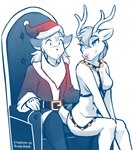 2022 adobe_photoshop_(artwork) anthro antlers bedroom_eyes bell blush bodily_fluids breasts canid canine chair chest_tuft christmas christmas_clothing christmas_headwear clothed clothing conditional_dnp costume deer digital_media_(artwork) duo eyelashes fake_beard featureless_breasts female female_anthro fox furniture harness harness_only hat headgear headwear hi_res holidays horn keidran looking_back mammal mike_(twokinds) mikes_reindeer_(twokinds) monochrome narrowed_eyes navel nervous new_world_deer nude on_chair on_lap public public_nudity red_fox reindeer santa_costume santa_hat scut_tail seductive short_tail simple_background sitting sketch smile spot_color sweat tail tail_motion tailwag tom_fischbach true_fox tuft twokinds white_background