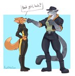 anthro bottomwear breasts brown_body brown_fur brown_tail clothed clothed_anthro clothed_female clothing duo eye_contact female fully_clothed fully_clothed_anthro fully_clothed_female fur green_eyes green_sclera grey_body grey_fur grey_tail looking_at_another standing tail text topwear katfishcom dreamworks the_bad_guys diane_foxington kitty_kat_(the_bad_guys) canid canine felid feline fox mammal 2025 digital_media_(artwork) english_text hi_res