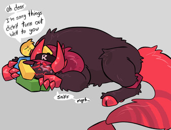 2_horns ambiguous_gender anthro blue_clothing blue_topwear blush bodily_fluids bottomwear brown_body brown_fur claws clothing comforting comforting_another crying dialogue duo eyes_closed fur green_bottomwear green_clothing grey_background hat hat_only headgear headgear_only headpat headwear headwear_only hooves horn hug lying male mostly_nude neck_tuft on_front reassuring red_body red_claws red_fur red_hooves red_tail sad simple_background sitting size_difference slightly_chubby slightly_chubby_anthro tail tears text topwear tuft unguligrade yellow_body yellow_skin koi_567 forsaken_(roblox) roblox guest_666_(forsaken) noob_(forsaken) noob_(roblox) demon humanoid monster robloxian english_text hi_res nonbinary_(lore)