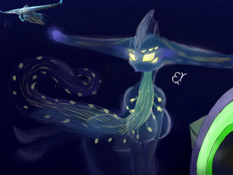 ambiguous_gender anthro big_breasts bioluminescence breasts empty_eyes featureless_breasts female feral glowing green_eyes group larger_female long_tail looking_at_viewer multi_eye non-mammal_breasts sail_(anatomy) simple_background size_difference tail tentacles translucent trio underwater water wide_hips yellow_eyes yellow_sclera y3i jewish_mythology mythology subnautica unknown_worlds_entertainment aquatic aquatic_dragon dragon ghost_leviathan_(subnautica) human leviathan mammal mythological_creature mythological_marine mythological_scalie peeper_(subnautica) scalie 4:3 absurd_res hi_res reference_image