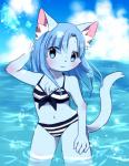 4_fingers anthro blue_body blue_eyes blue_fur blue_hair blush bra cheek_tuft chest_tuft clothed clothing cloud day facial_tuft female fingers fur hair inner_ear_fluff kemono navel outside panties solo swimwear tuft underwear water kemoribbon domestic_cat felid feline felis mammal 2015