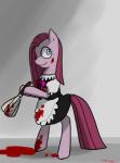 blood blue_eyes bodily_fluids cleaning_tool clothing feather_duster female feral fur hair long_hair looking_back maid_uniform pink_body pink_fur pink_hair ribbons smile solo standing uniform norang94 friendship_is_magic hasbro my_little_pony pinkamena_(mlp) pinkie_pie_(mlp) earth_pony equid equine horse mammal pony