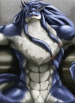 abs anthro armpit_hair biceps blue_body blue_fur blue_hair body_hair countershading fur hair male muscular muscular_anthro muscular_male nude pose solo tail rasseigh sega shining_(sega) shining_force_exa duga_(shining) canid canine canis mammal sourou_cerulean_wolf wolf