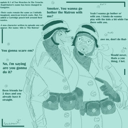 anthro armor breasts cartridge_belt cigarette cigarette_smoke clothing coat context_in_descripton dialogue duo eyewear female glasses gloves handwear headgear headscarf helmet looking_at_another military_helmet slightly_chubby smoke speaking_to_another stitch_(sewing) teeth text topwear trenchcoat two_wenches_in_the_trenches update_log armedantagonist gangster_(two_wenches_in_the_trenches) smoker_(two_wenches_in_the_trenches) canid canine deer humanoid hybrid mammal 1:1 absurd_res english_text hi_res