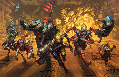 4_arms antennae_(anatomy) anthro armor blue_body brown_body brown_fur explosion female fur green_body green_hair green_scales group gun hair holding_gun holding_object holding_ranged_weapon holding_rifle holding_staff holding_weapon jumping male multi_arm multi_limb pink_hair ranged_weapon rifle running scales science_fiction shooting_gun size_difference smile staff tail weapon alex_alexandrov paizo starfinder_(rpg) alien alien_humanoid arthropod canid human humanoid insect mammal reptile scalie official_art